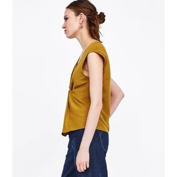 Zara Woman Sz 5 Knotted V-Neck Top Mustard Yellow Sleeveless Linen Cotton Blend - Picture 3 of 16